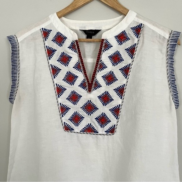 J. Crew Sunburst Embroidered Boho Linen Sleeveless Blouse, Size 2 - Picture 4 of 15